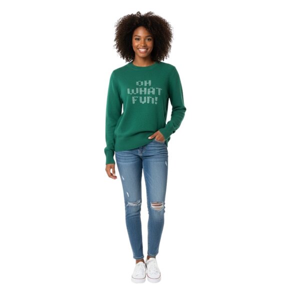 Pink Victoria's Secret 'OH WHAT FUN!' Holiday Christmas Sweater - Green Knit Med - Picture 7 of 7